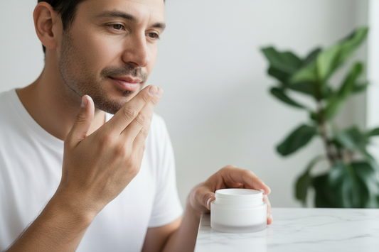 Man applying minimal face cream with frosted jar