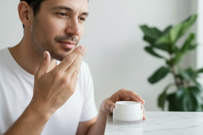 Man applying minimal face cream with frosted jar