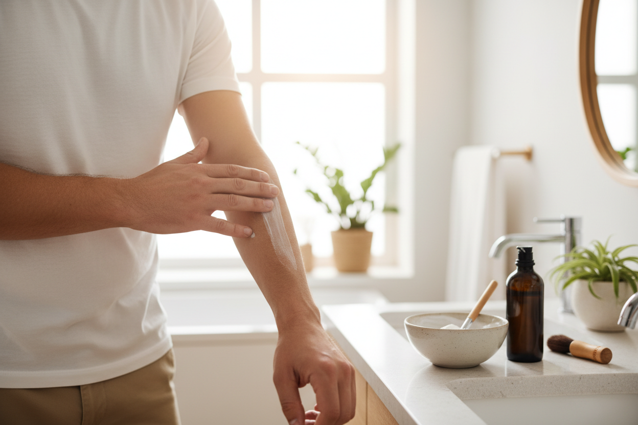 Man applying skincare to his arm