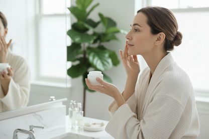 Woman applying face cream with frosted jar